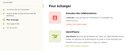 Page Outils, section “Pour échanger” sur le site Internet de Tela Botanica - CC BY-SA Tela Botanica