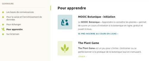 Page Outils, section “Pour apprendre” sur le site Internet de Tela Botanica - CC BY-SA Tela Botanica