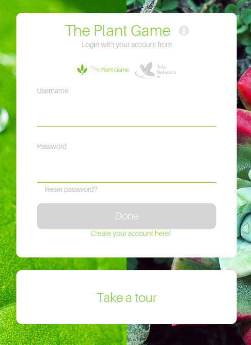 Page de connection The Plant Game - CC BY-SA Tela Botanica