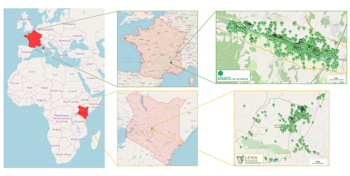 Carte de la réserve des Ramières (France) et du Conservatoire Lewa (Kenya)