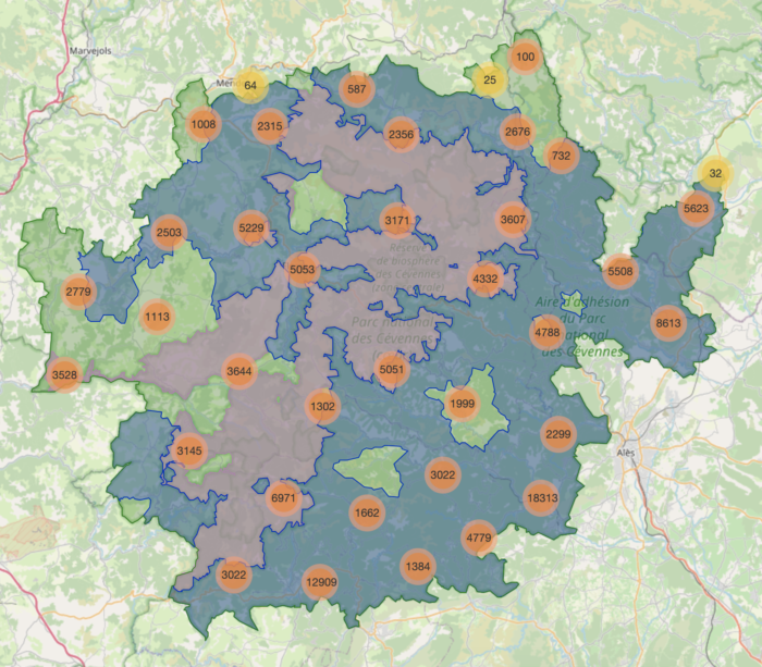 Cartes des requêtes d'identification Pl@ntNet dans les Cevennes