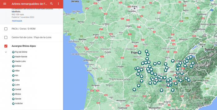 Capture d'écran de la carte des arbres remarquables en Auvergne-Rhône-Alpes - Association A.R.B.R.E.S.