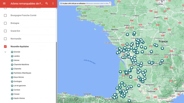 Capture d'écran de la carte des arbres remarquables en Nouvelle-Aquitaine - Association A.R.B.R.E.S.