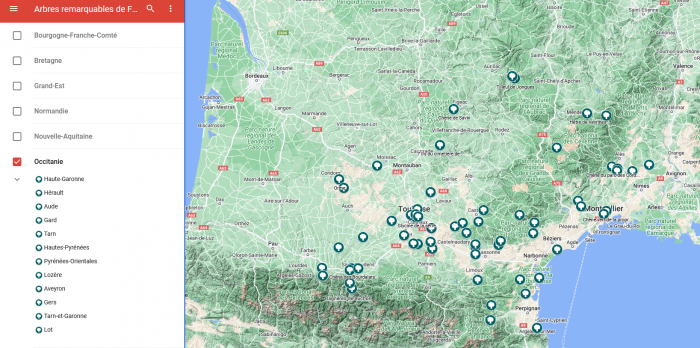 Capture d'écran de la carte des arbres remarquables en Occitanie - Association A.R.B.R.E.S.