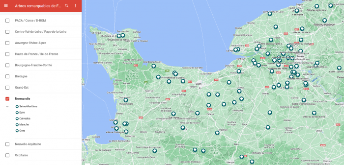 Capture d'écran de la carte des arbres remarquables en Normandie - Association A.R.B.R.E.S.