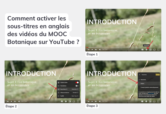 Capture d'écran de la vidéo d'introduction au MOOC Botanique - Initiation montrant la démarche à suivre pour activer les sous-titres en anglais